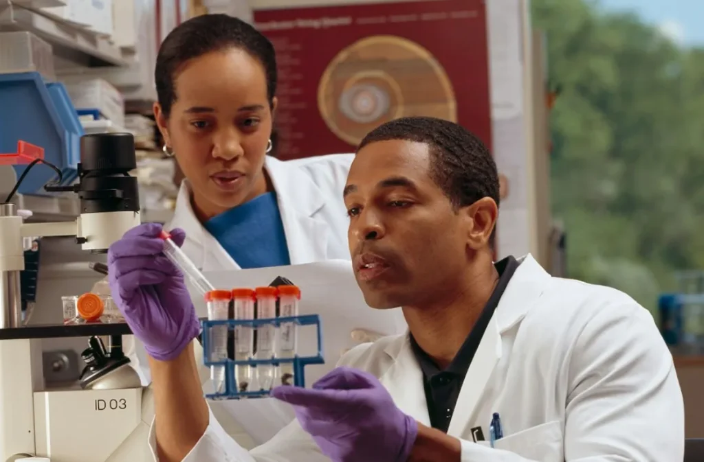 Clinical Psychologist analyzing lab samples.
