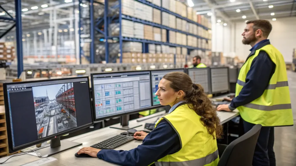 Ceva logistics employees monitoring shipments through advanced tracking systems in a warehouse.