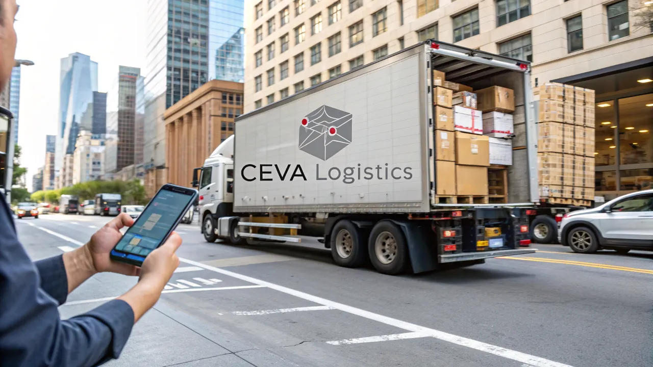 Ceva logistics truck seen on the road while staff tracks its progress with mobile tracking technology.