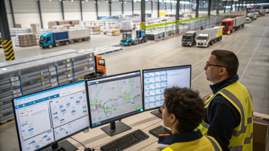 Ceva logistics employees overseeing the movement of trucks and shipments with real-time tracking data.