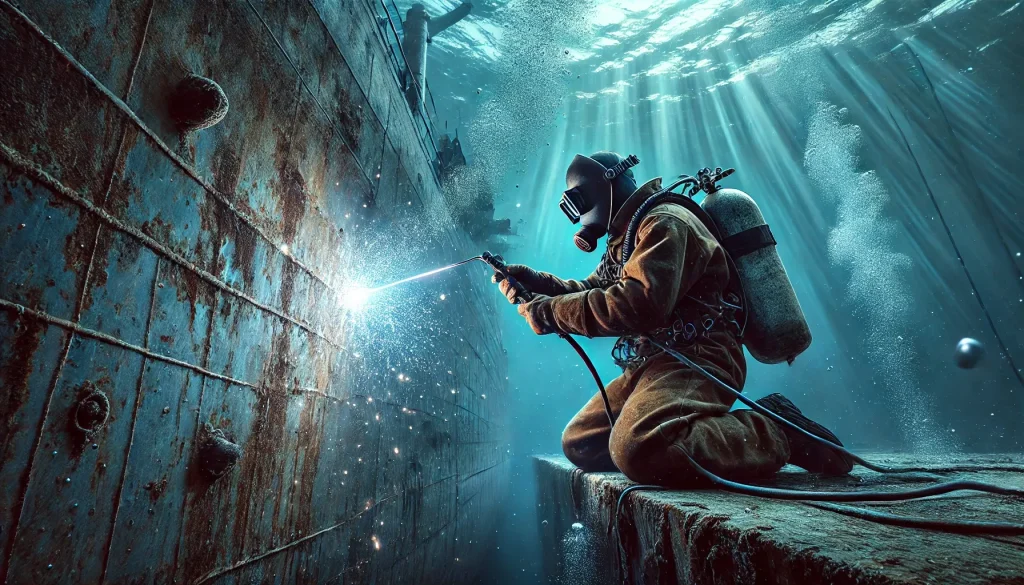 Underwater welding on a cargo ship with bright welding arcs.