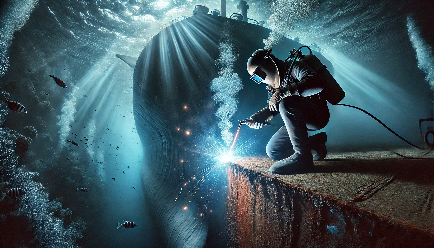 Welder repairing cargo ship hull underwater with sparks.