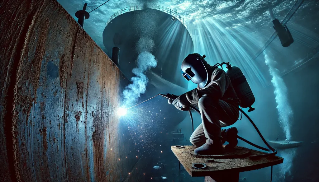 Welding sparks illuminate underwater work on cargo ship.