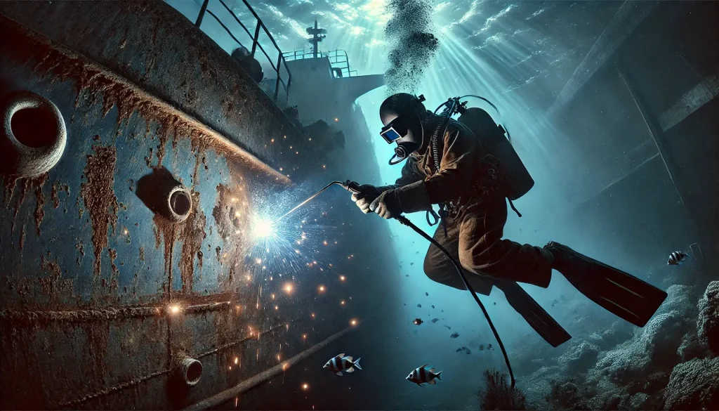 Diving welder works on a ship's hull below the ocean surface.