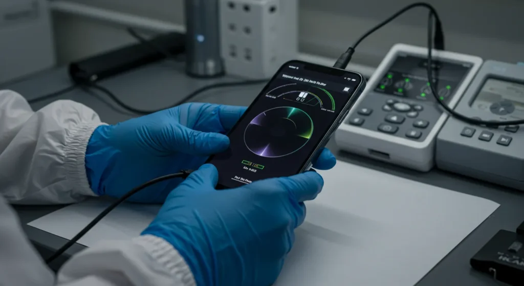 A professional technician, wearing anti-static gloves, testing a refurbished iPhone 14 Pro Max in a clean, well-lit electronics repair lab. The phone should be connected to diagnostic tools with a focused view on the screen displaying a battery health or performance test. The environment should be neat, reinforcing quality control.