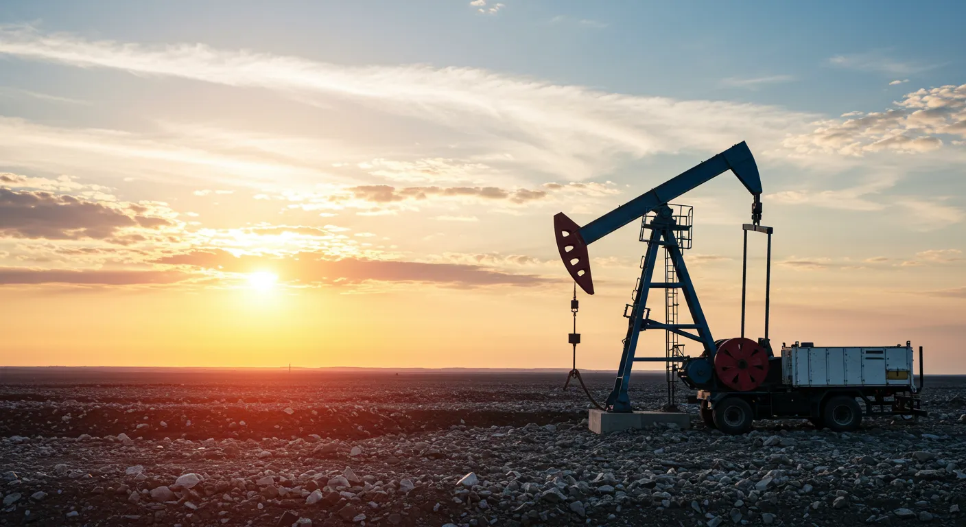 Conventional oil pumpjack with truck under a dramatic sky.