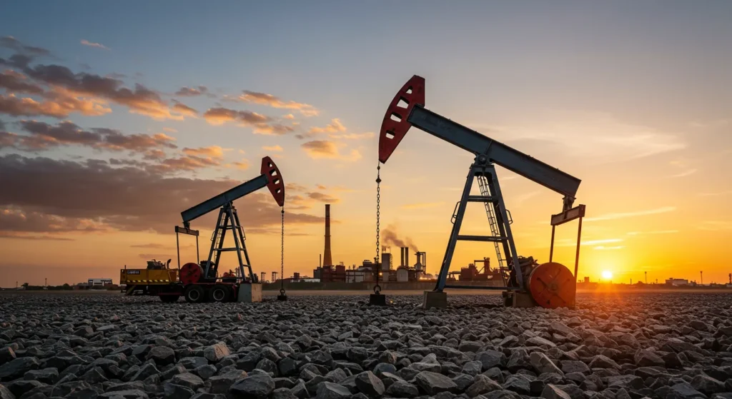 Twin oil pumpjacks extracting conventional oil at sunset.