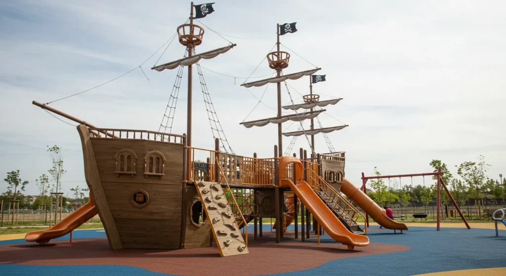 Pirate ship park with slides and swings.