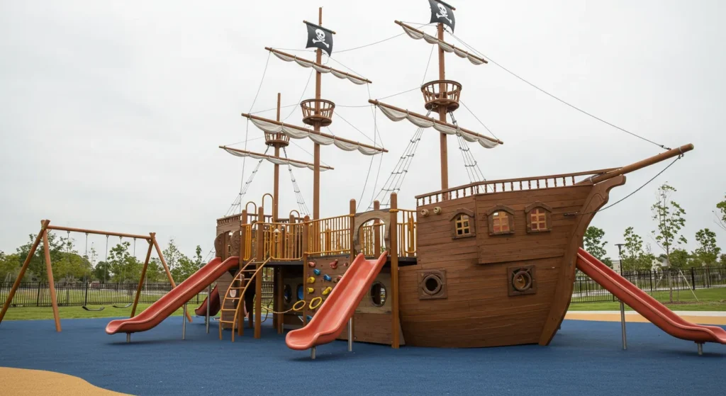 Pirate ship-themed playground with swings and slides.