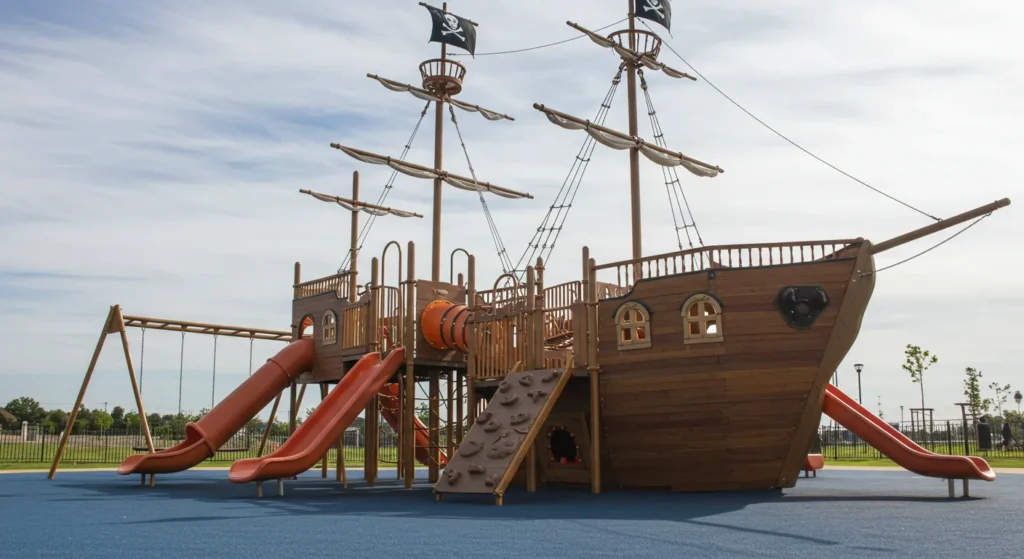 Colorful pirate ship park with climbing wall