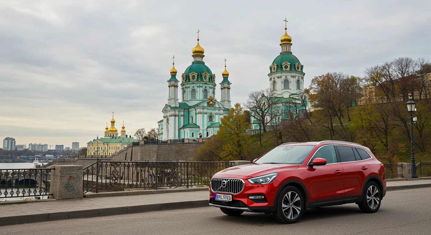 a modern rental car against a backdrop of Kyiv’s iconic architecture, such as Saint Andrew’s Church or the Dnipro River. Optimize the alt text as “car rental Kyiv exploring historic landmarks.