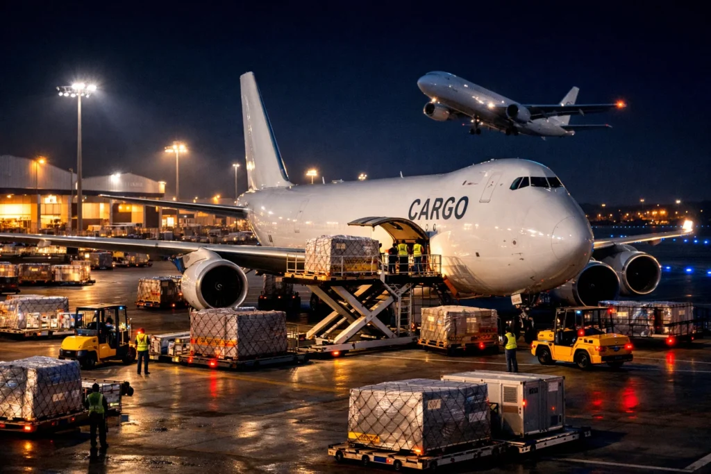 Most common mode of freight transportation comparison including air freight cargo planes transporting high-value goods quickly.