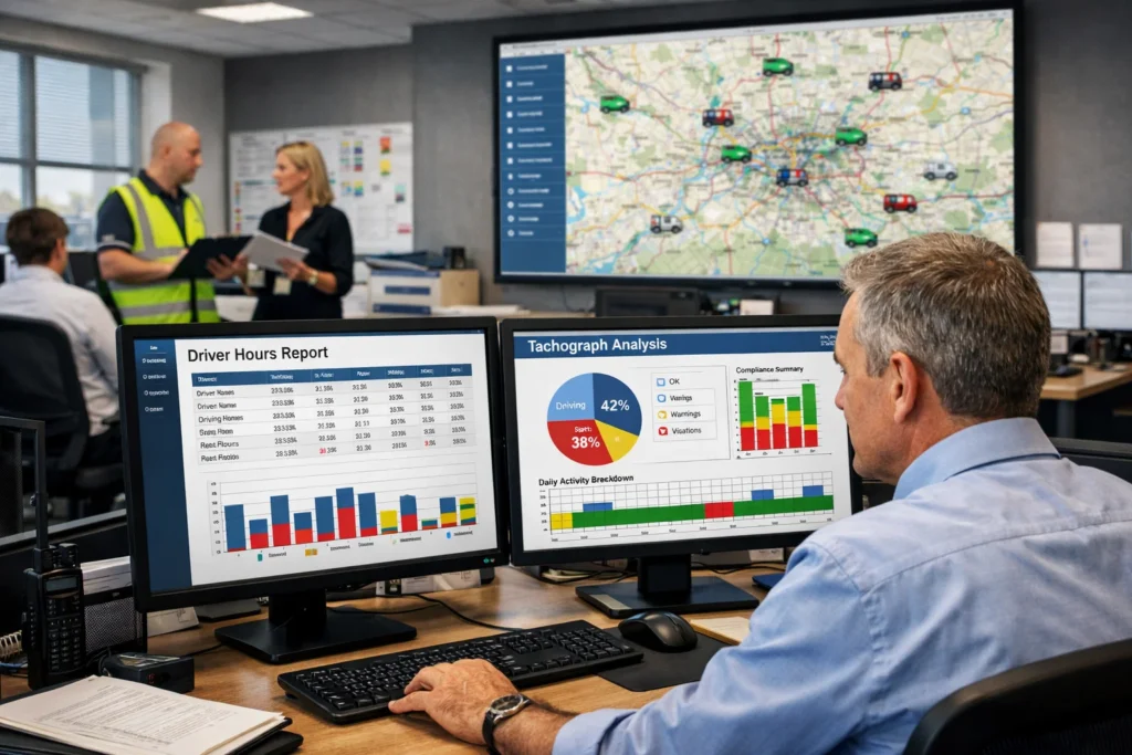 Fleet manager analysing driver hours data to maintain UK Tachograph Rules compliance.