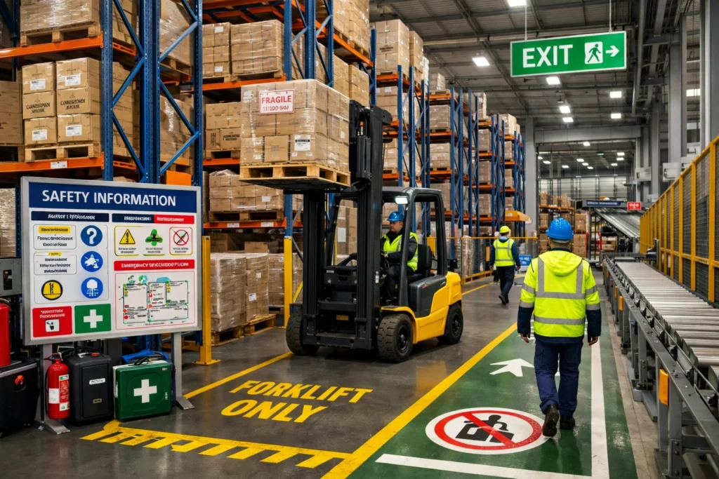 UK Warehouse Safety Regulations best practices showing traffic management, PPE use, safe storage racking, and automated safety systems.