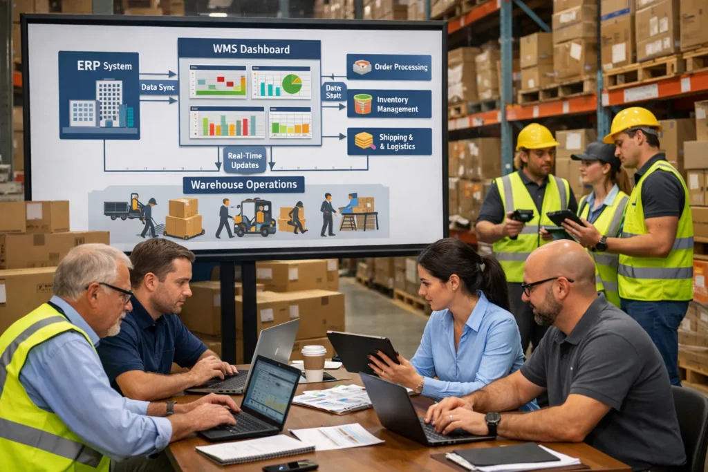 Warehouse Management Systems implementation training and software integration planning inside a UK warehouse operation.