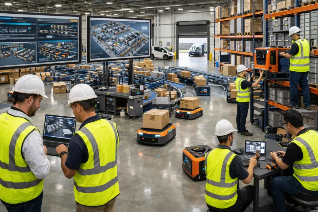 Warehouse Automation UK future showing engineers installing robotics and planning next-generation automated logistics facilities.