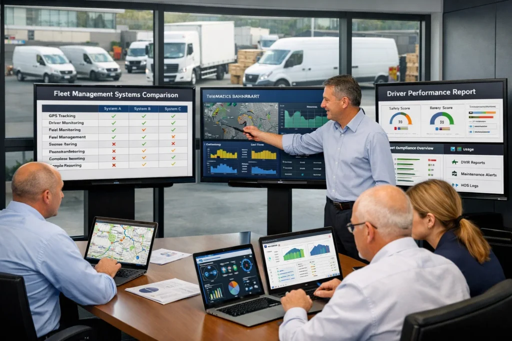 Transport managers selecting Fleet Management Systems software with GPS tracking, telematics analytics, and compliance tools.