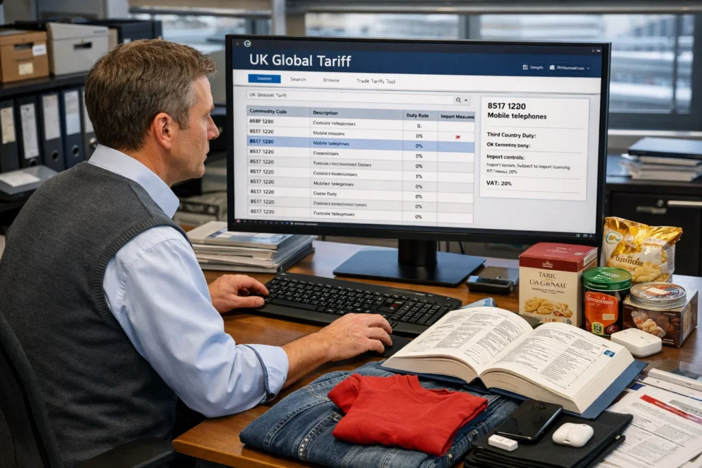 UK Customs Clearance Checklist for Small Importers showing customs broker identifying commodity codes using the UK Global Tariff database.