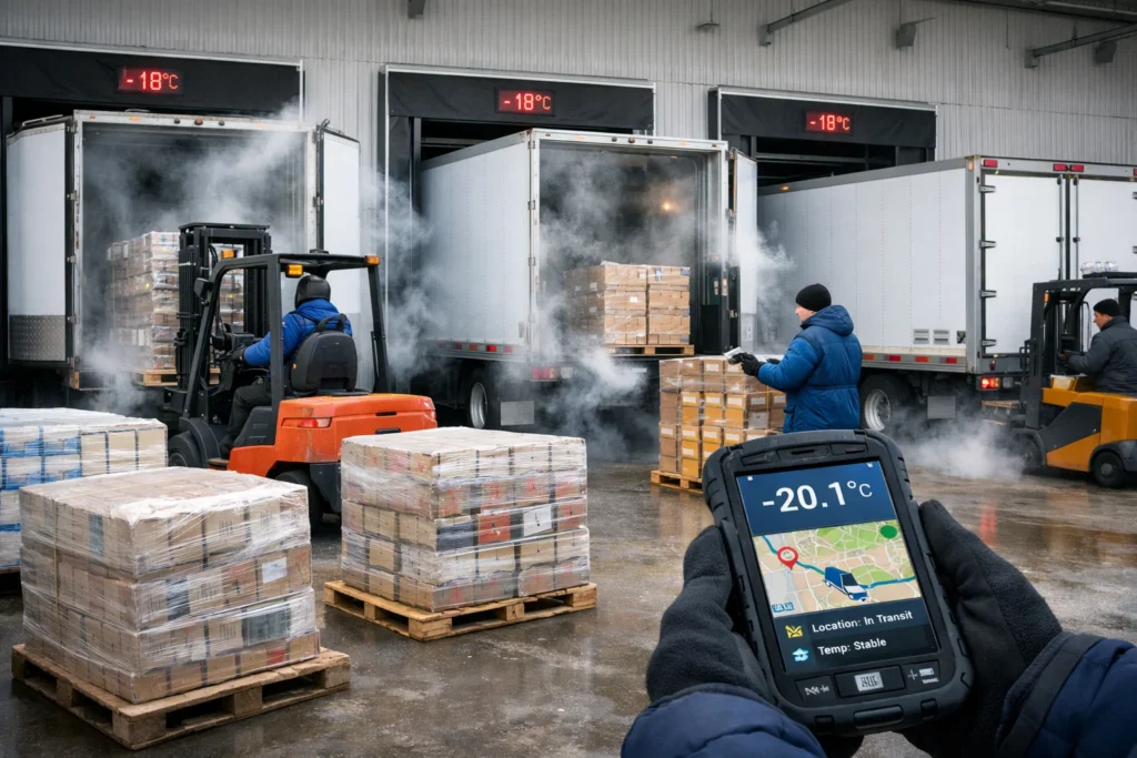 Cold Storage Warehousing UK logistics process loading refrigerated trucks for temperature-controlled distribution.