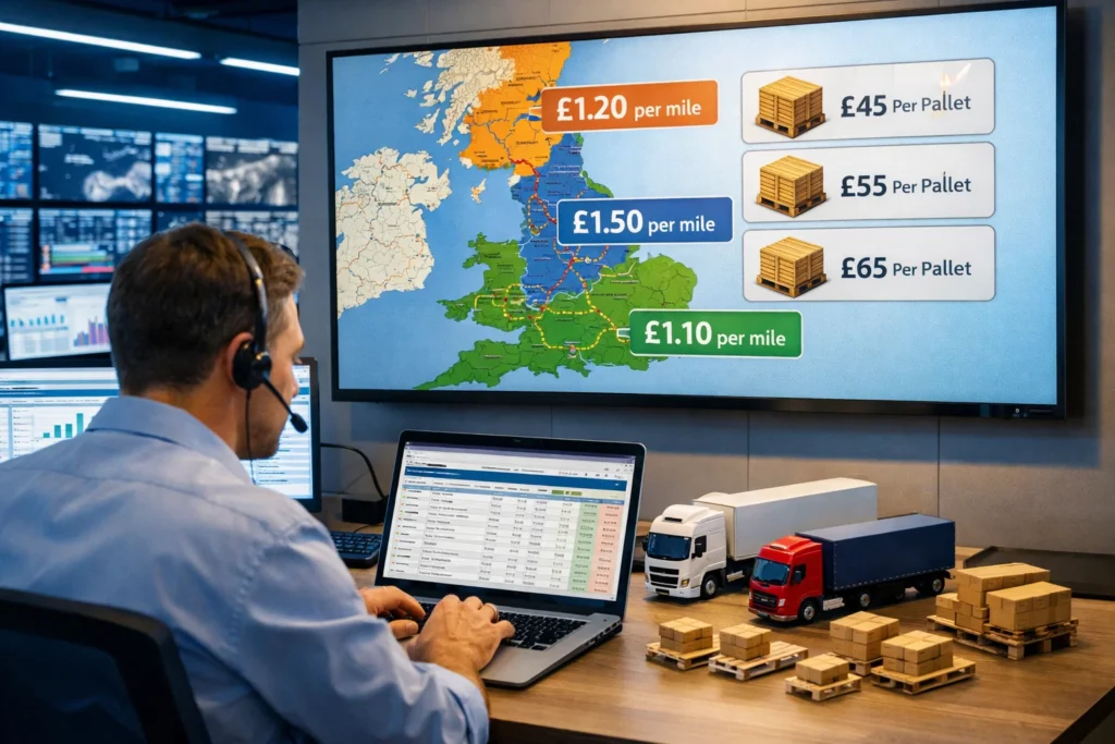 UK Road Freight Costs explained through freight pricing models including per-mile rates and pallet pricing systems.