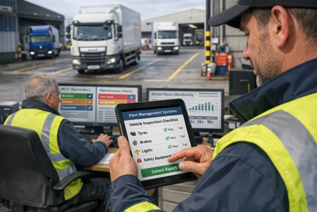 Digital compliance inspection using Fleet Management Systems to track vehicle safety checks and regulatory requirements.