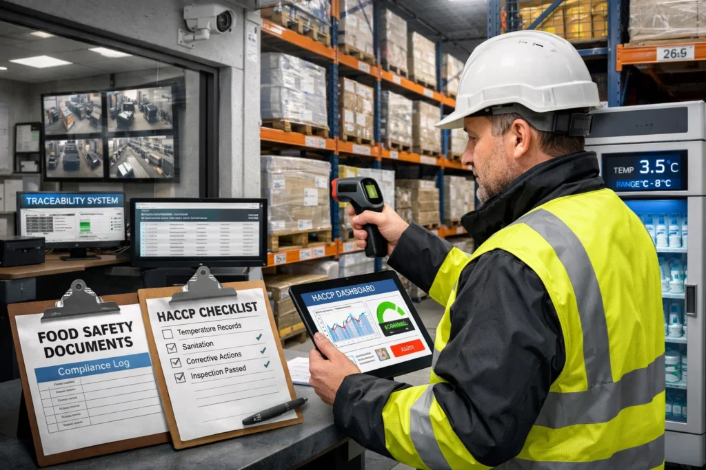 Cold Storage Warehousing UK compliance inspection showing food safety monitoring and temperature tracking systems.