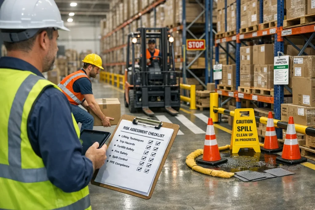 UK Warehouse Safety Regulations risk assessment showing hazard identification, manual handling safety, and warehouse inspection process.