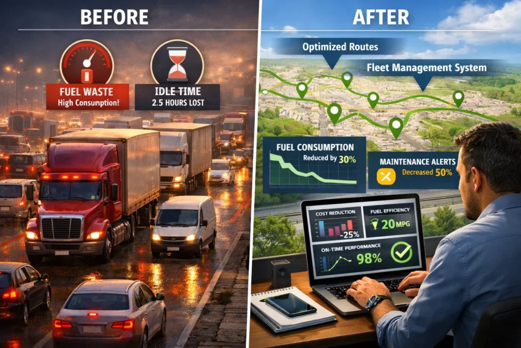 Fleet Management Systems analytics dashboard showing fuel savings, route optimisation, and operational efficiency improvements.