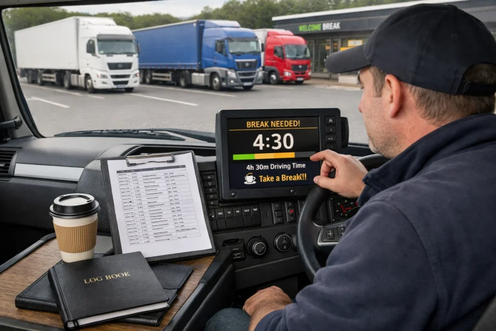 Driver checking driving time and rest break compliance under UK Tachograph Rules inside HGV cab.