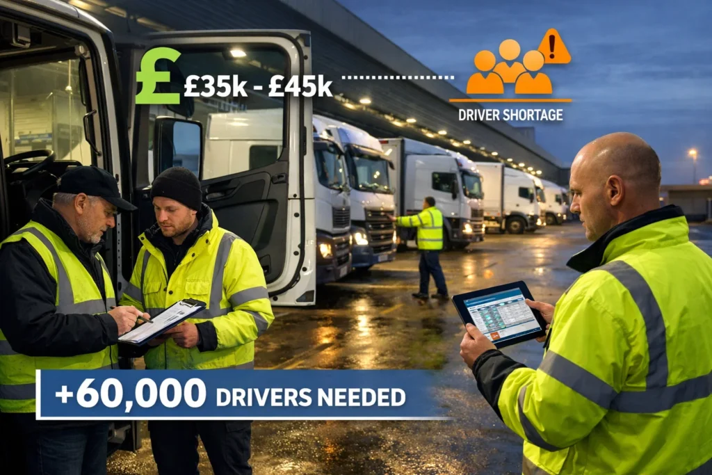 UK Road Freight Costs impacted by driver wages and HGV driver labour shortages at UK logistics depot.