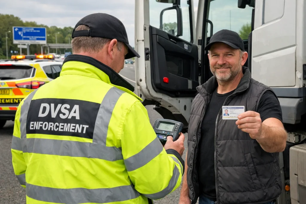 DVSA roadside inspection checking driver hours data under UK Tachograph Rules.
