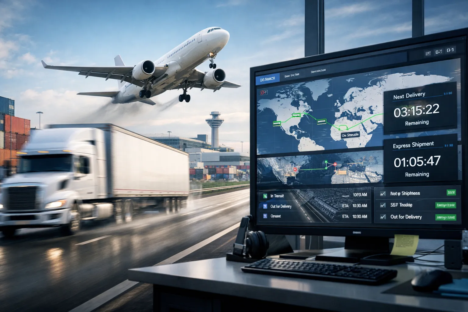 Expedited Freight and Logistics fast shipping solutions with truck and cargo aircraft moving urgent freight.