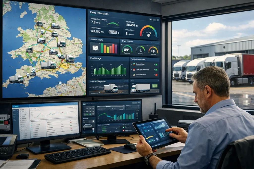 Fleet tracking and telematics dashboard used in UK Transport and Haulage Operations fleet management systems.