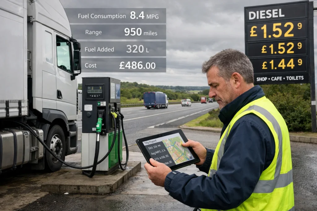 UK Road Freight Costs showing diesel fuel expenses for HGV trucks refuelling at UK motorway service station.