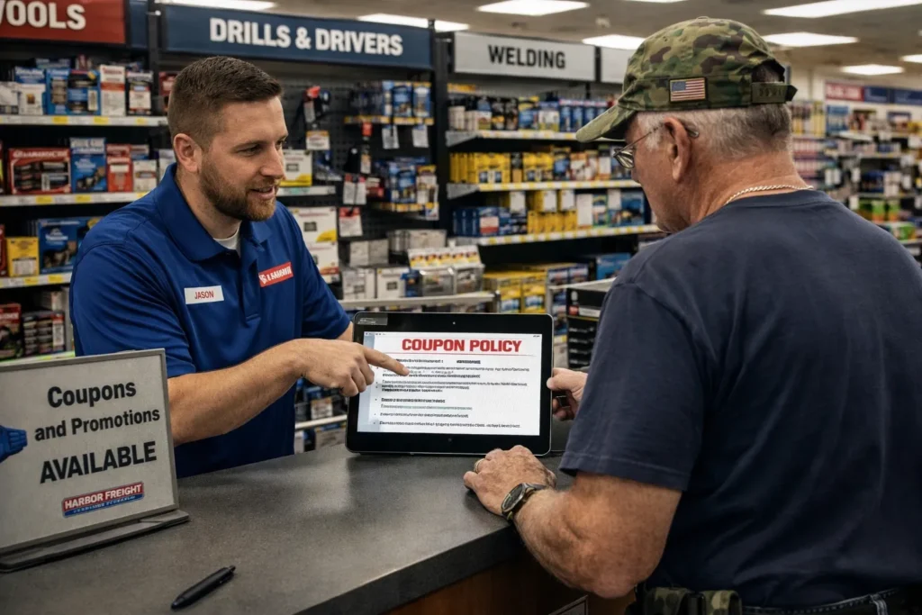 Does Harbor Freight give military discounts explained at customer service desk inside Harbor Freight store.