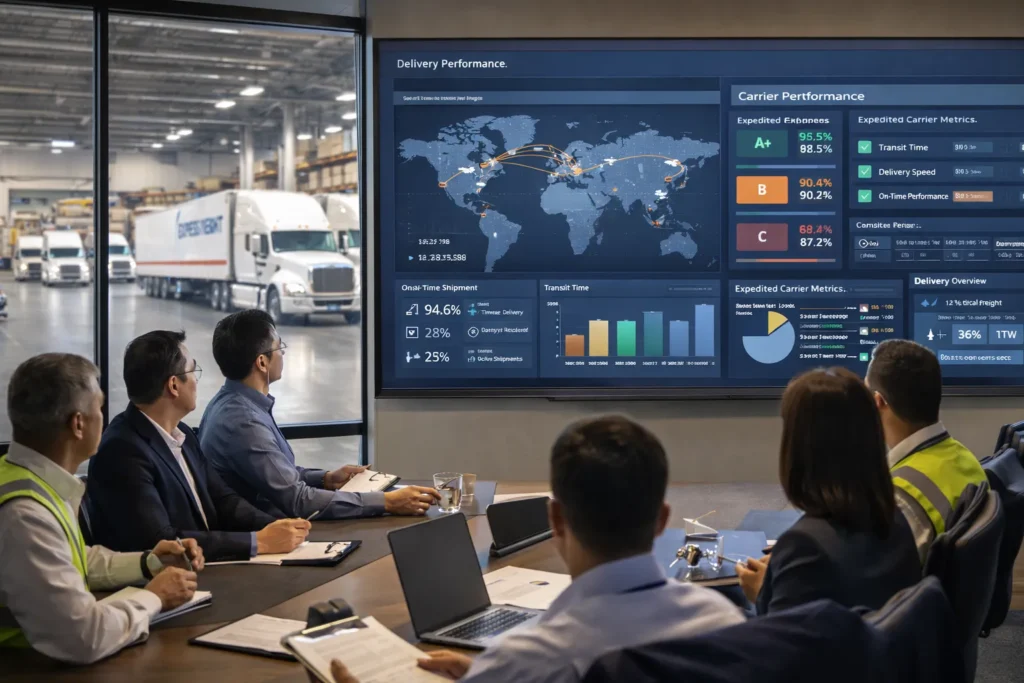 Expedited Freight and Logistics decision making with supply chain managers selecting urgent shipping services.