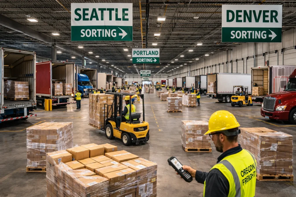 northwest freight warehouse cross dock and cold storage showing freight transfer between inbound and outbound trucks
