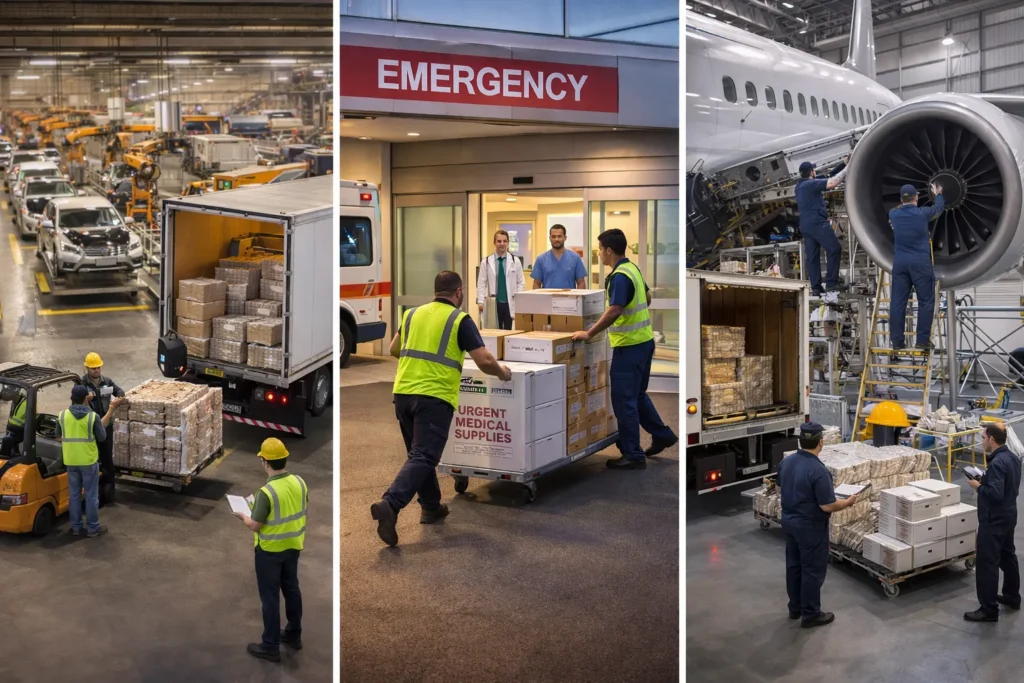 Expedited Freight and Logistics supporting automotive, healthcare, and aerospace industries with urgent deliveries.