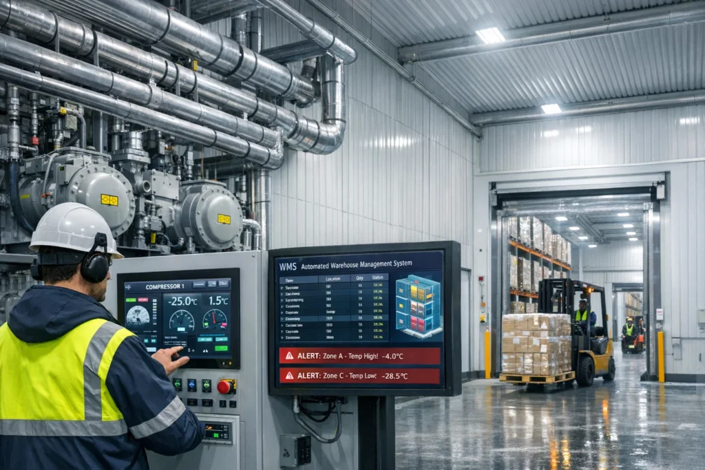 Cold Storage Warehousing UK refrigeration systems and warehouse management technology controlling temperature and inventory.