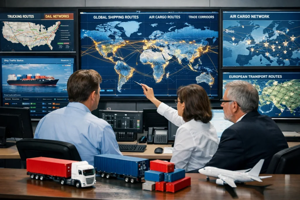 Most common mode of freight transportation decision planning using logistics data, route maps, and multimodal transport analysis.