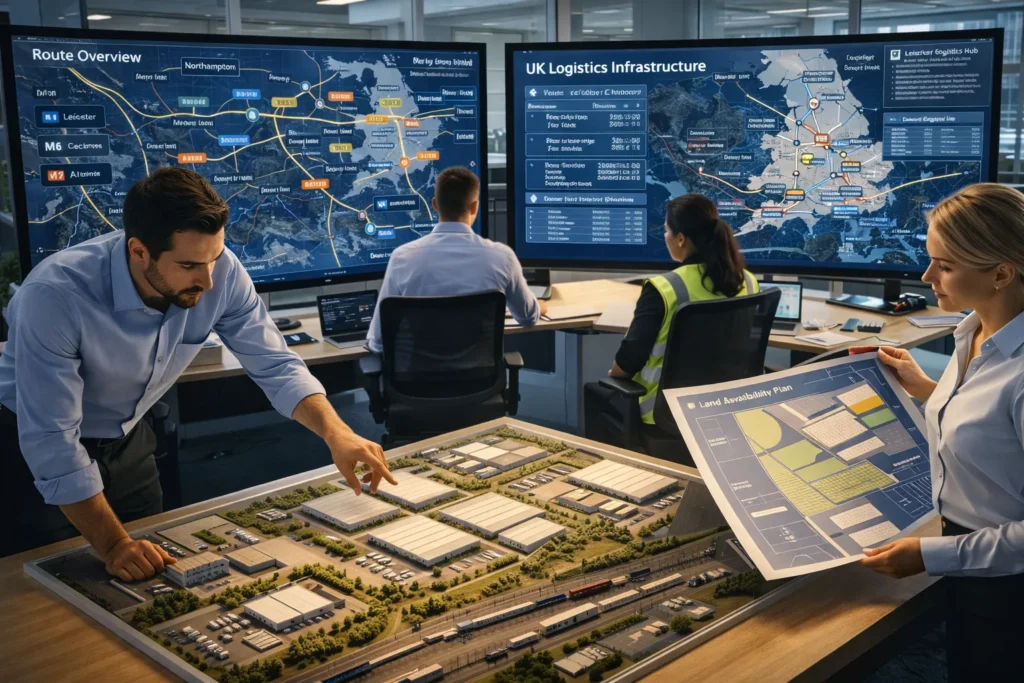 Logistics planners analysing transport infrastructure and land supply for Warehouse Location Strategy UK warehouse placement decisions.