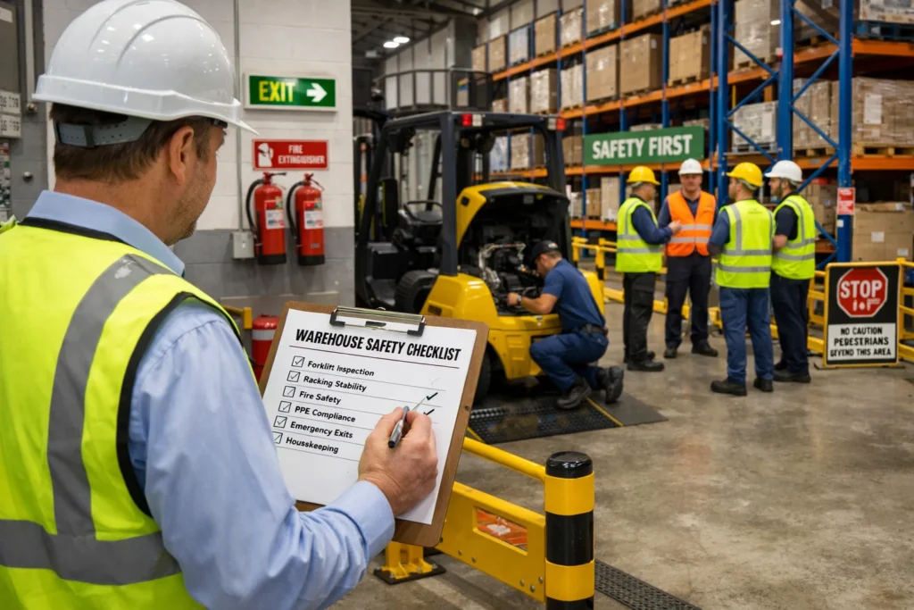 UK Warehouse Safety Regulations safety checklist inspection showing warehouse manager reviewing equipment, racking, and workplace safety procedures.