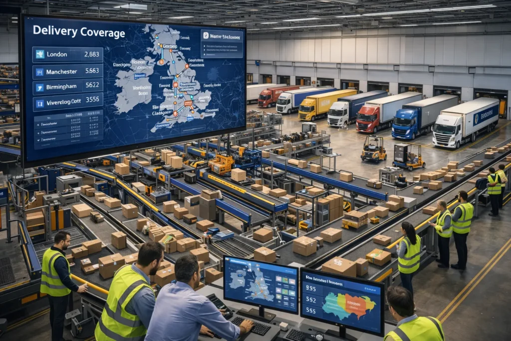 Central fulfilment centre demonstrating Warehouse Location Strategy UK advantages for fast nationwide deliveries.