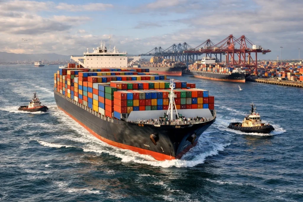 Most common mode of freight transportation showing ocean freight container ships moving global trade between international ports.