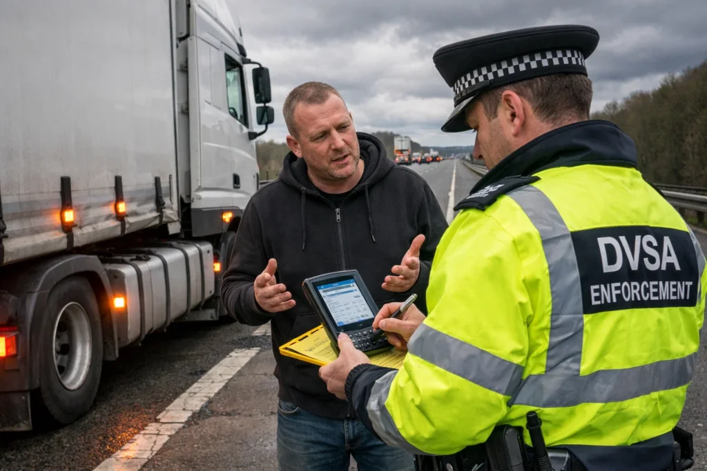 Roadside penalty inspection related to UK Tachograph Rules violations for HGV drivers.