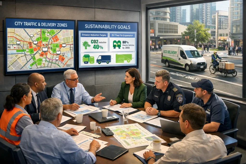 Urban Logistics in the UK highlighting collaboration between city planners and logistics companies improving urban freight systems.