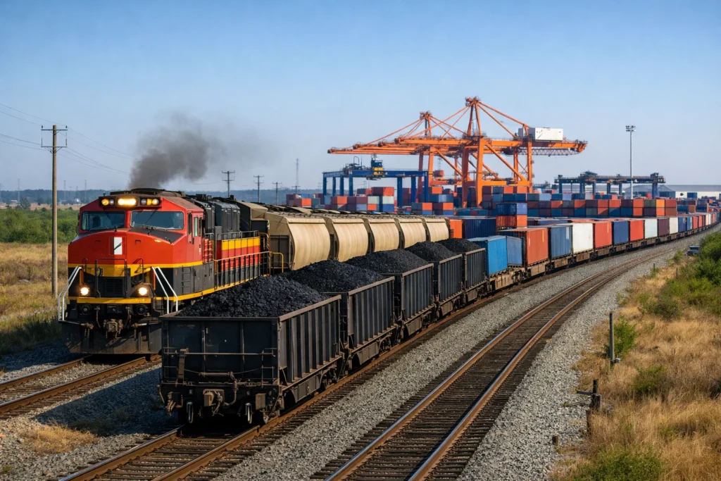 Most common mode of freight transportation comparison featuring rail freight trains carrying bulk cargo and containers across long distances.