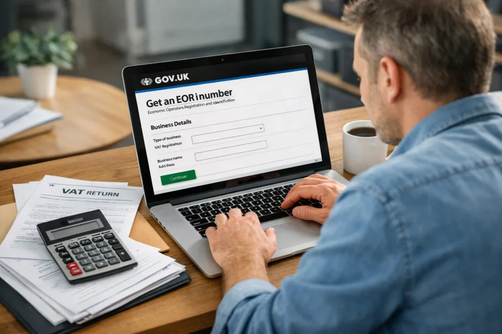 UK Customs Clearance Checklist for Small Importers showing business owner registering for EORI and VAT before importing goods.