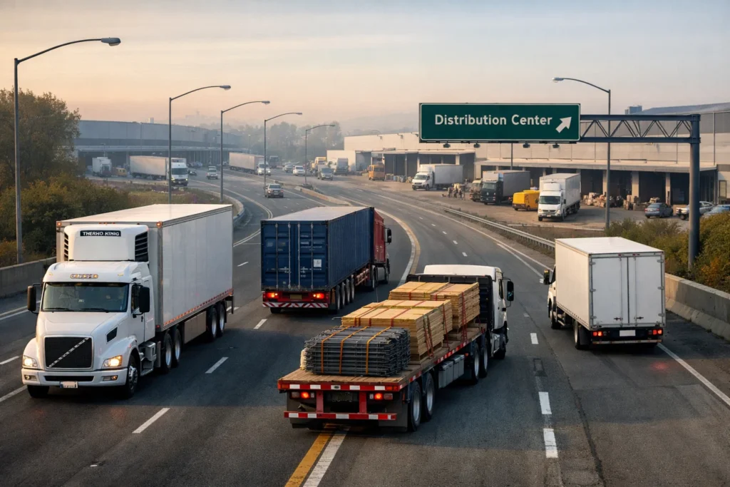 Most common mode of freight transportation illustrated by road freight trucks delivering cargo between warehouses and distribution centres.