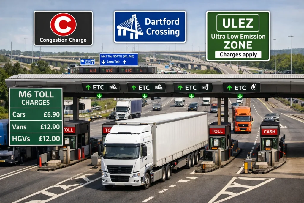 UK Road Freight Costs showing toll roads, congestion charges, and infrastructure fees affecting UK freight transport.